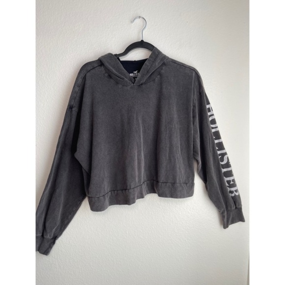Hollister Womens Cropped Hoodie Gray Long Sleeve Logo Graphic Sweatshirt Large - Picture 3 of 16